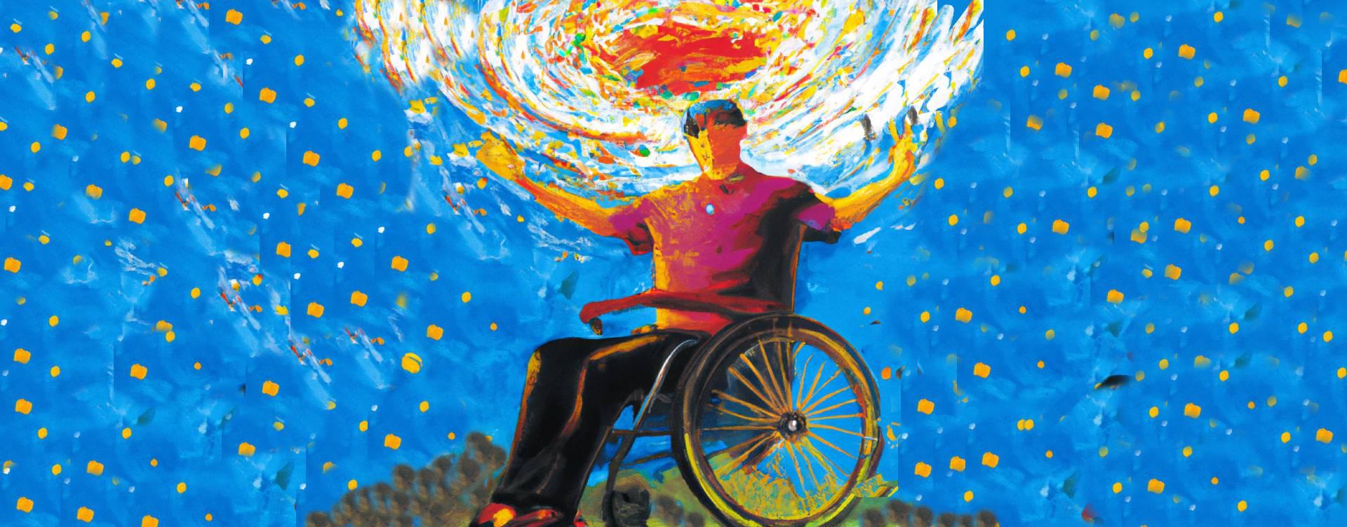 persona invidente en una silla de ruedas con el universo en sus manos por la noche en una montaña
